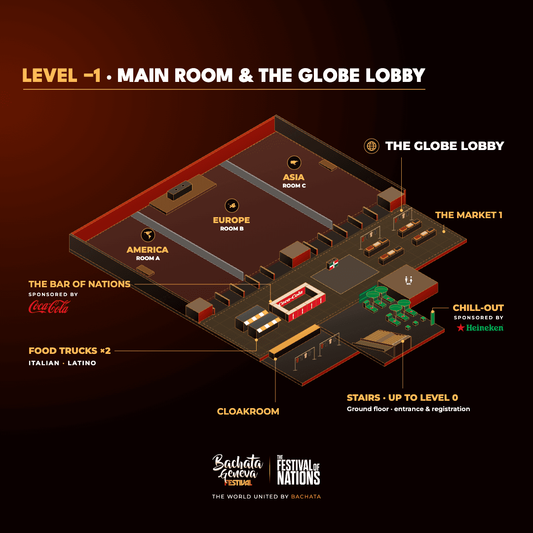 Isometric map of level -1 at Palexpo: the Main Room and The Globe Lobby